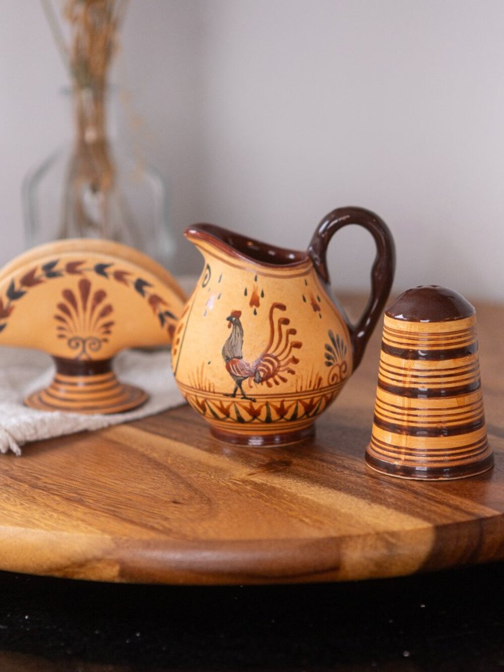 Vintage Greek Pottery Rooster Set – Handmade Signed Ceramic Set